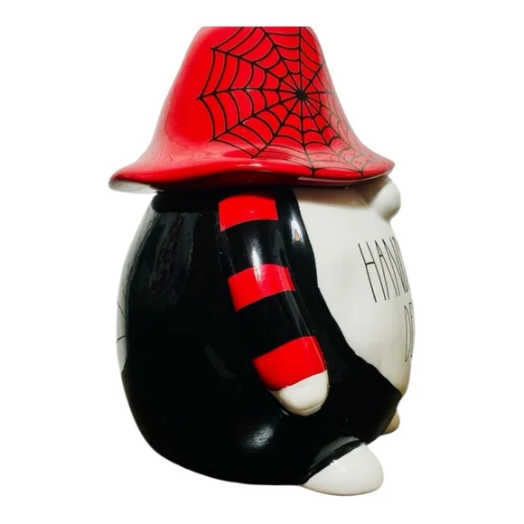 Rae Dunn Halloween Handsome Devil Gnome Canister 10 x 7.5’ Red Black - Picture 2 of 5